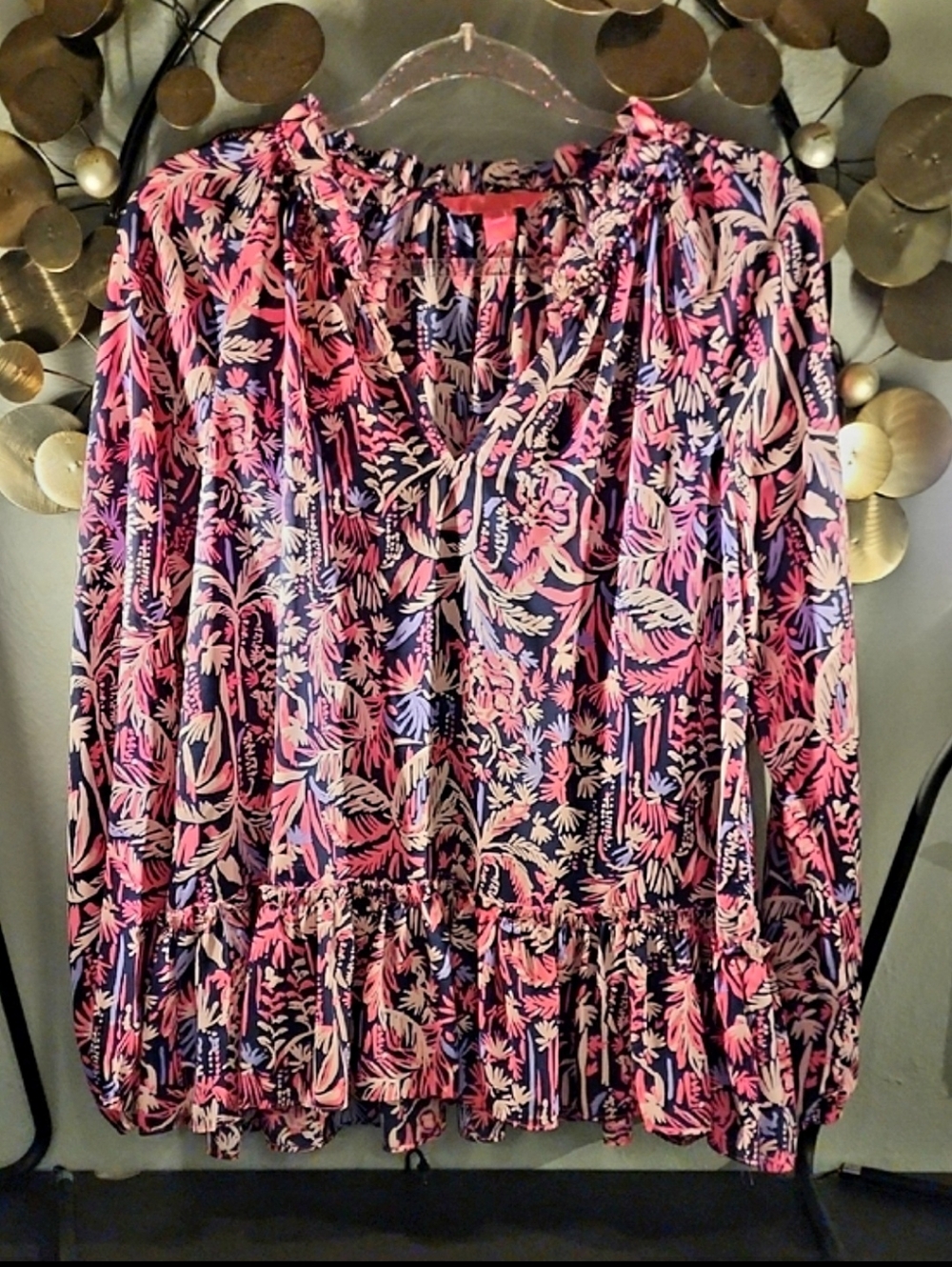 Lilly Pulitzer Navy Pink Floral Ruffle Peplum Blouse